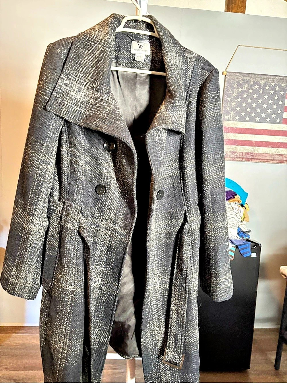 Worthington Plaid Trench Coat in Black & Gray Size XL